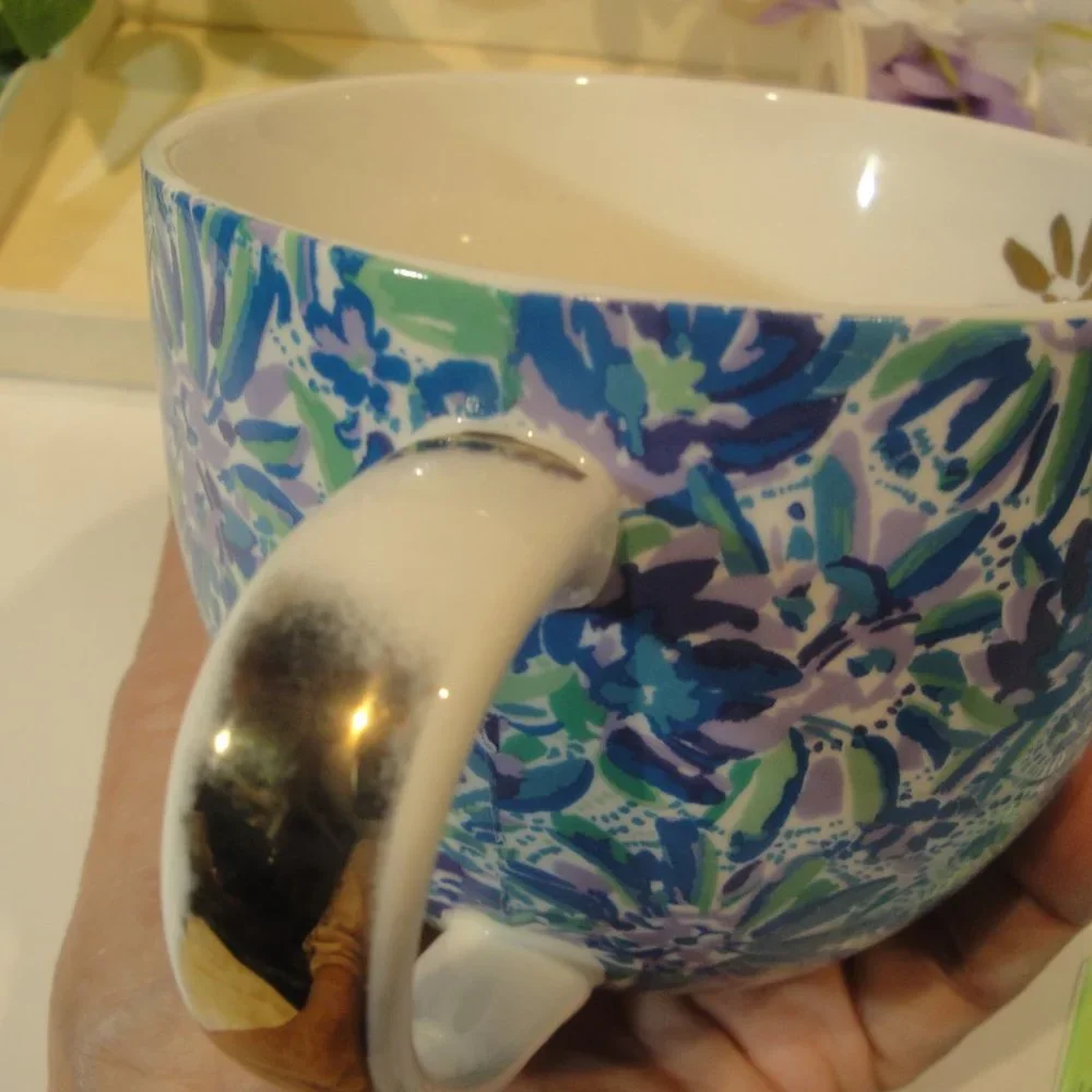 Lilly Pulitzer blue purple green + gold coffee cup